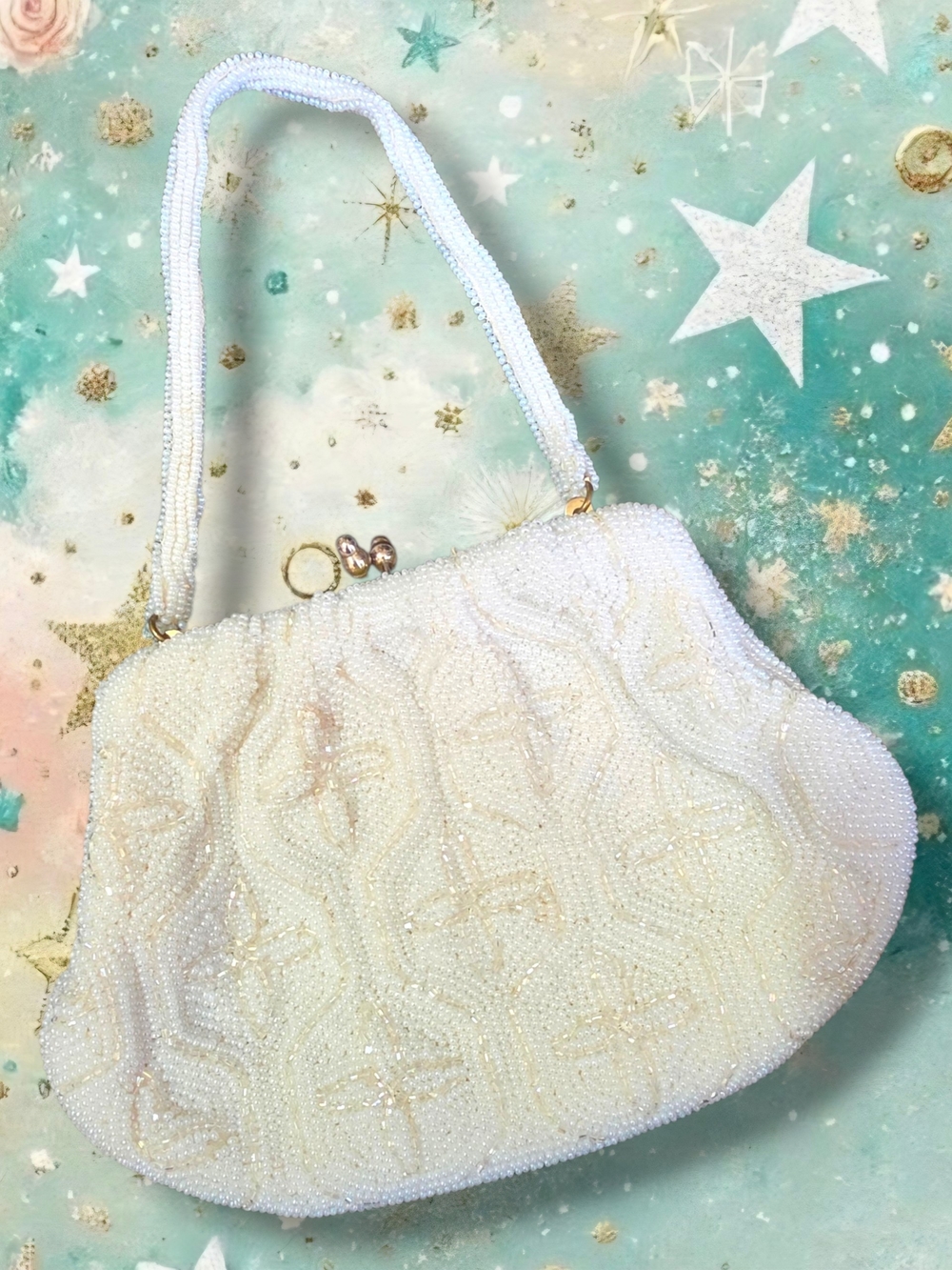 Ivory Beaded Evening Clutch with Pearl Handle
